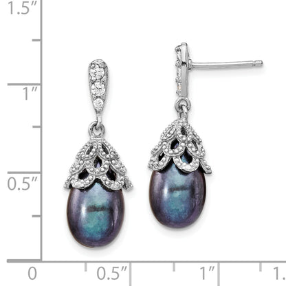 Sterling Silver Cheryl M Rhodium-Plated Black Teardrop Freshwater Cultured Pearl And Brilliant-Cut Cz Post Dangle Earrings