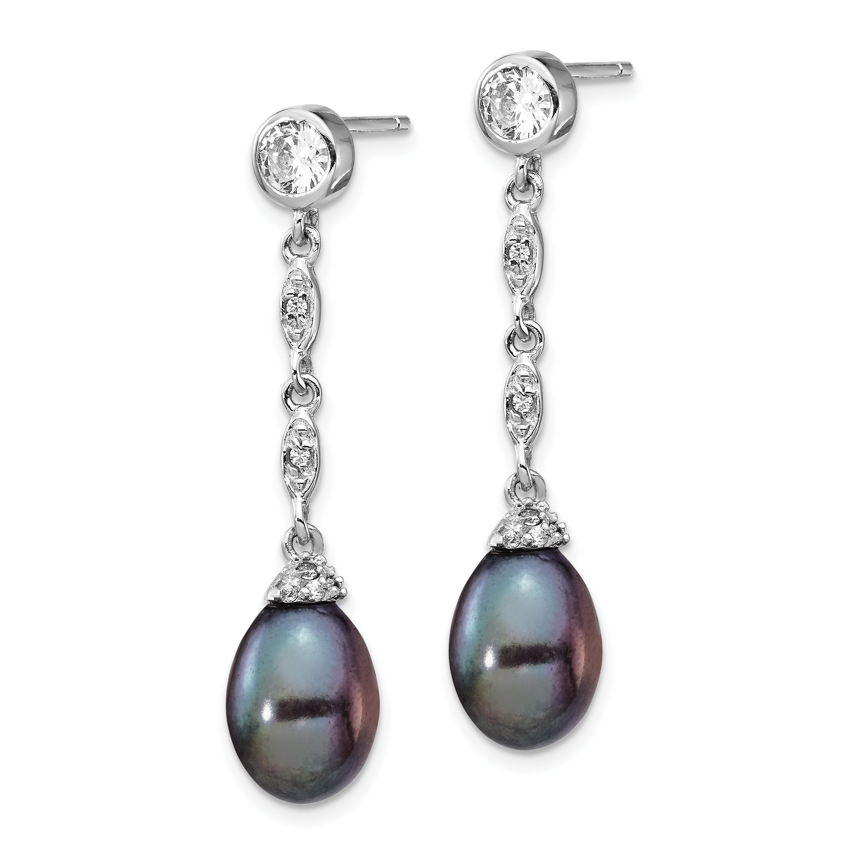 Sterling Silver Cheryl M Rhodium-Plated Black Teardrop Freshwater Cultured Pearl And Brilliant-Cut Cz Bezel Post Dangle Earrings