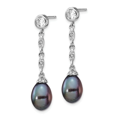 Sterling Silver Cheryl M Rhodium-Plated Black Teardrop Freshwater Cultured Pearl And Brilliant-Cut Cz Bezel Post Dangle Earrings