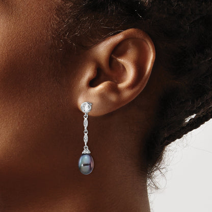 Sterling Silver Cheryl M Rhodium-Plated Black Teardrop Freshwater Cultured Pearl And Brilliant-Cut Cz Bezel Post Dangle Earrings