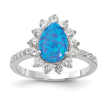 Sterling Silver Cheryl M Rhodium-Plated Cabochon Lab Created Blue Opal And Brilliant-Cut Cz Teardrop Shaped Ring