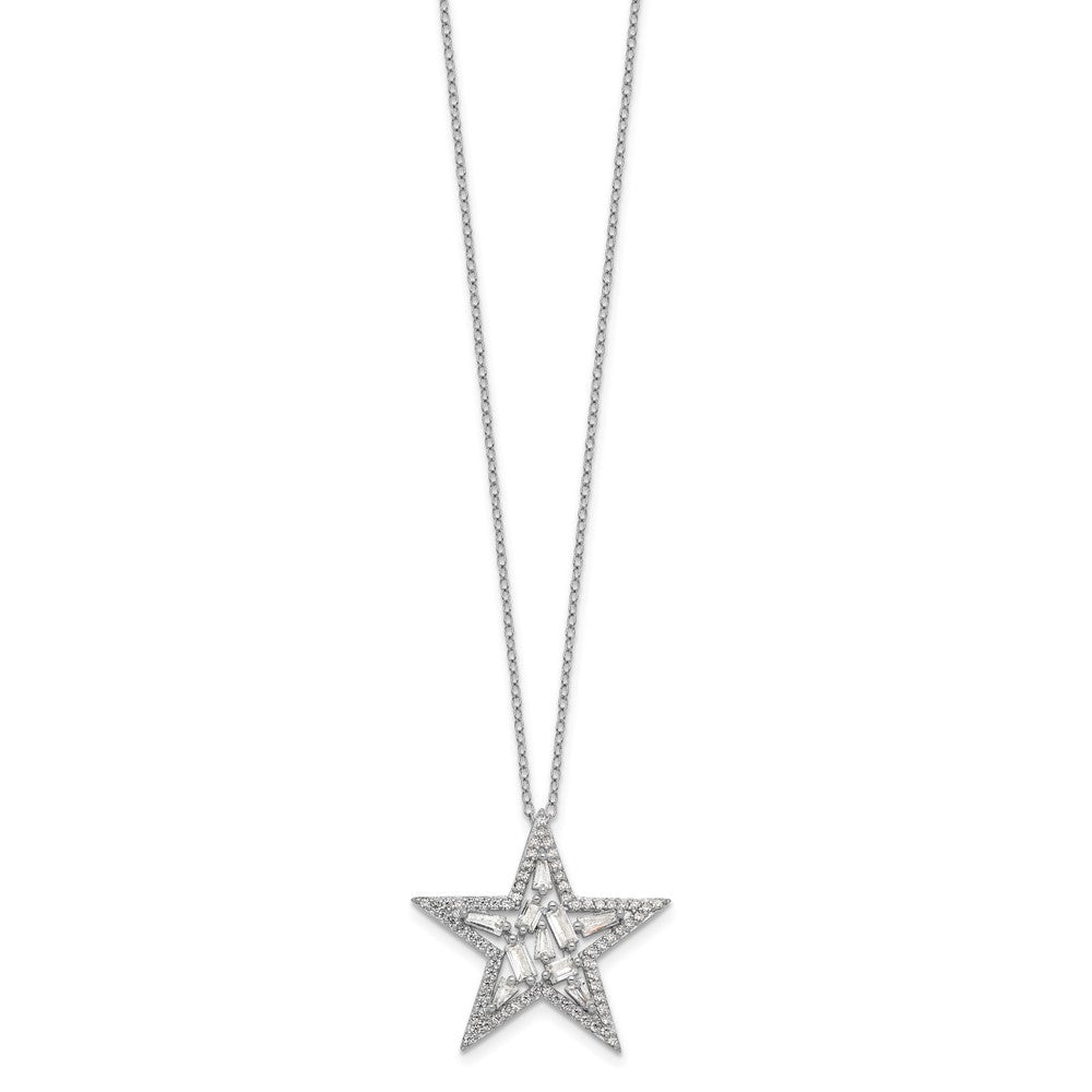 Sterling Silver Cheryl M Rhodium-Plated Brilliant-Cut Tapered Baguette-Cut And Emerald-Cut Cz Star 18 Inch Necklace