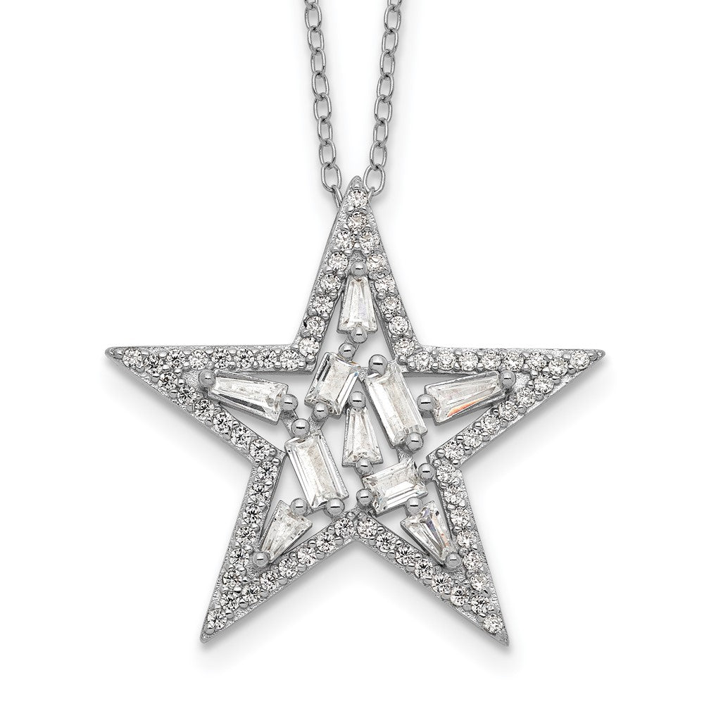 Sterling Silver Cheryl M Rhodium-Plated Brilliant-Cut Tapered Baguette-Cut And Emerald-Cut Cz Star 18 Inch Necklace