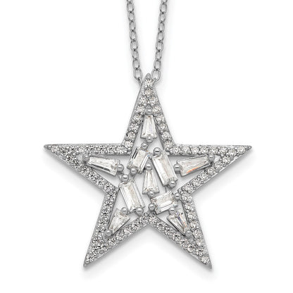 Sterling Silver Cheryl M Rhodium-Plated Brilliant-Cut Tapered Baguette-Cut And Emerald-Cut Cz Star 18 Inch Necklace