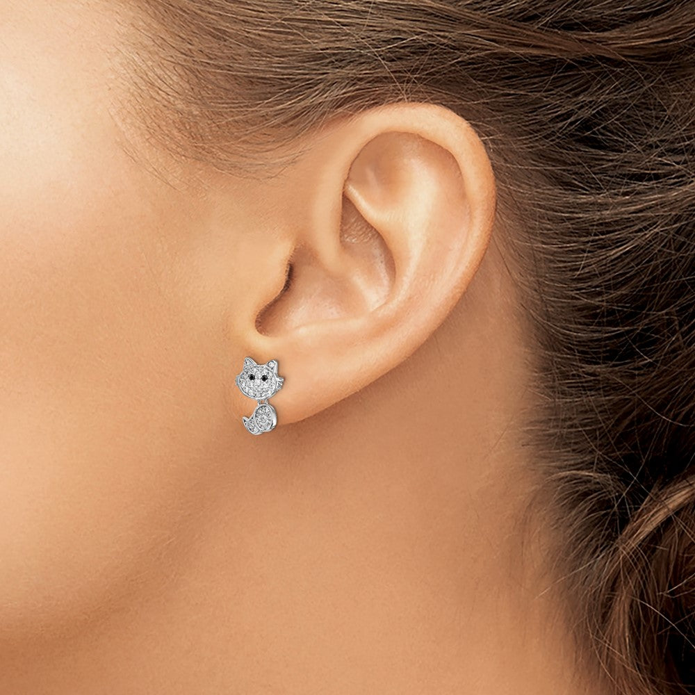 Sterling Silver Cheryl M Rhodium-Plated Moveable Brilliant-Cut Black And White Cz Cat Post Dangle Earrings