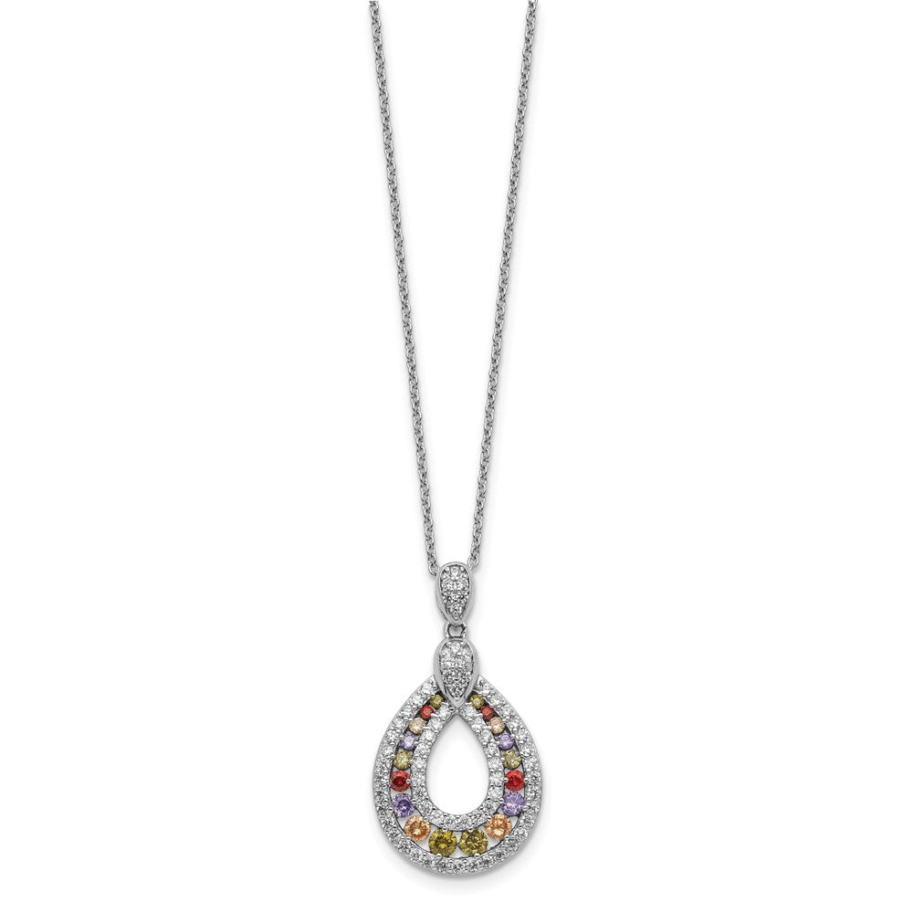Sterling Silver Cheryl M Rhodium-Plated Multi-Color Brilliant-Cut Cz Teardrop 18 Inch Necklace