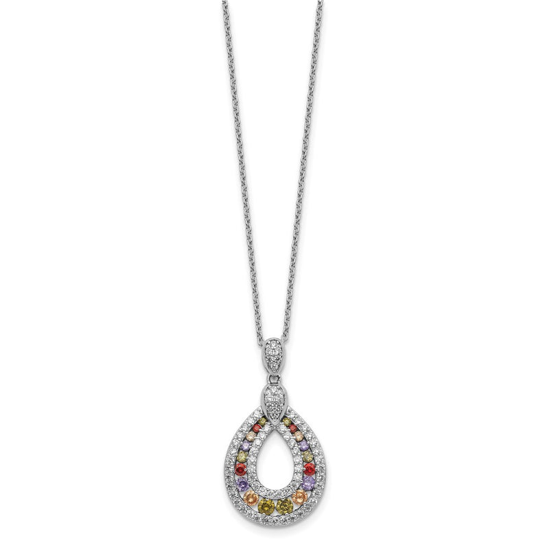 Sterling Silver Cheryl M Rhodium-Plated Multi-Color Brilliant-Cut Cz Teardrop 18 Inch Necklace