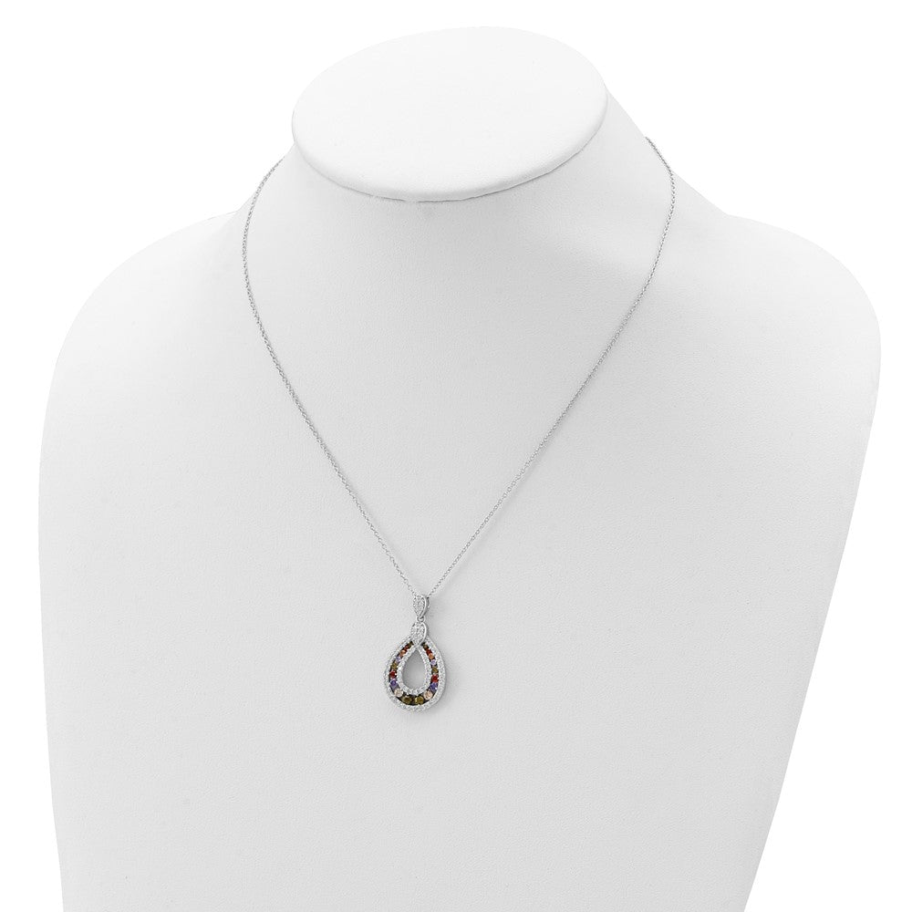 Sterling Silver Cheryl M Rhodium-Plated Multi-Color Brilliant-Cut Cz Teardrop 18 Inch Necklace