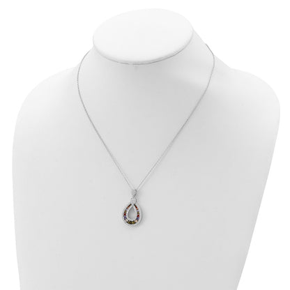 Sterling Silver Cheryl M Rhodium-Plated Multi-Color Brilliant-Cut Cz Teardrop 18 Inch Necklace