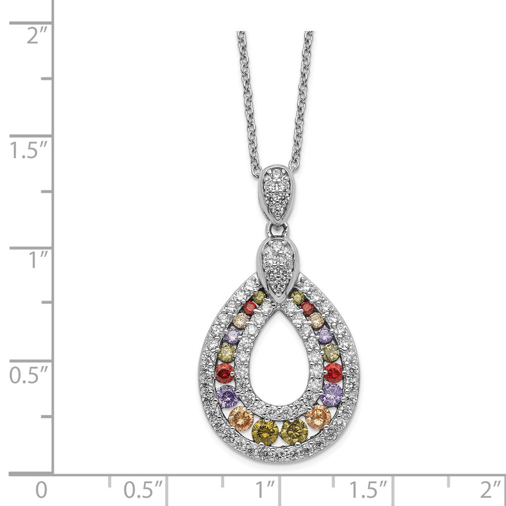 Sterling Silver Cheryl M Rhodium-Plated Multi-Color Brilliant-Cut Cz Teardrop 18 Inch Necklace