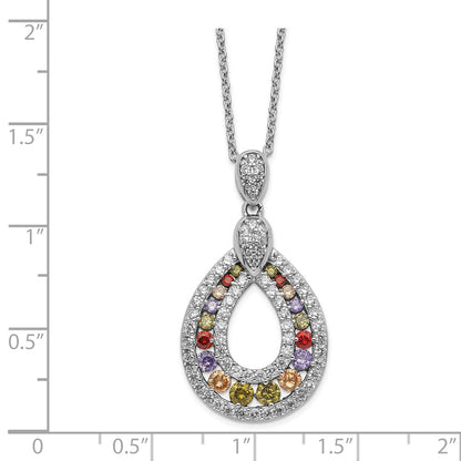 Sterling Silver Cheryl M Rhodium-Plated Multi-Color Brilliant-Cut Cz Teardrop 18 Inch Necklace