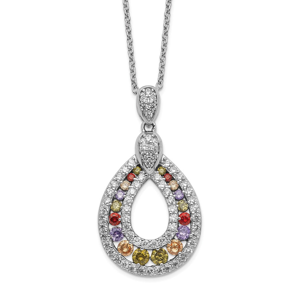 Sterling Silver Cheryl M Rhodium-Plated Multi-Color Brilliant-Cut Cz Teardrop 18 Inch Necklace