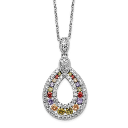 Sterling Silver Cheryl M Rhodium-Plated Multi-Color Brilliant-Cut Cz Teardrop 18 Inch Necklace