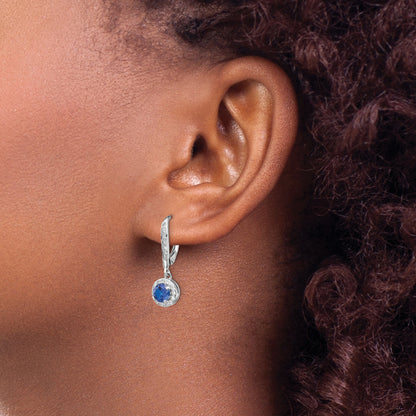 Sterling Silver Cheryl M Rhodium-Plated Brilliant-Cut Lab Created Dark Blue Spinel And White Cz Round Halo Leverback Dangle Earrings