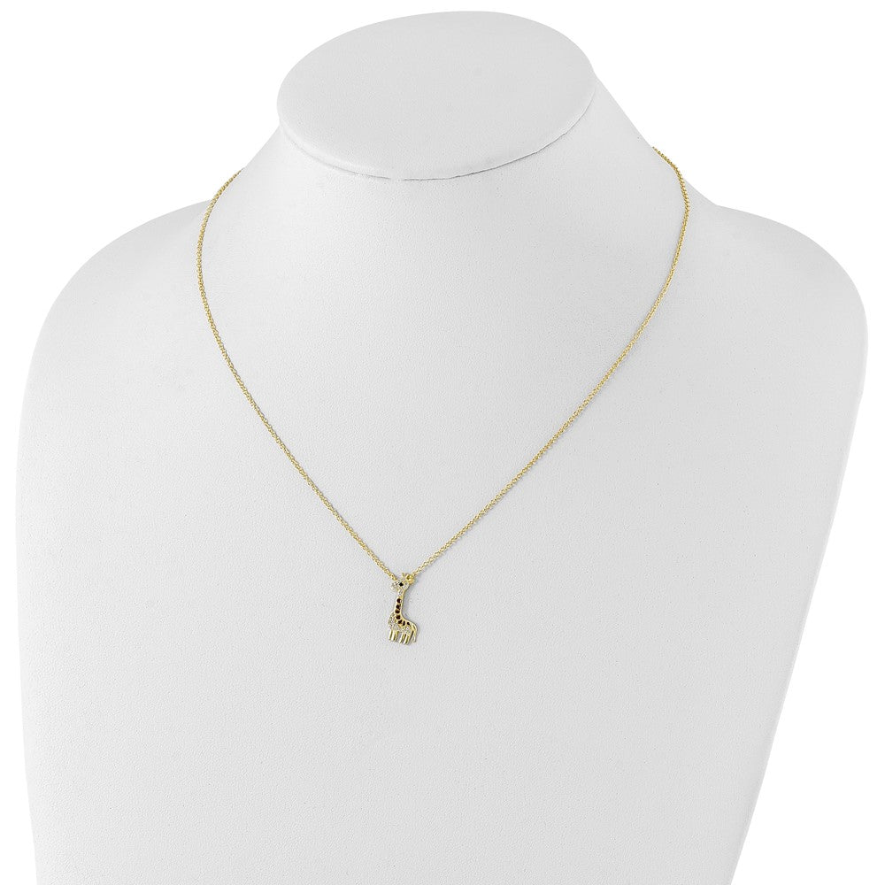 Sterling Silver Cheryl M Gold-Plated Enameled And Brilliant-Cut Black White Cz Giraffe 18.25 Inch Necklace