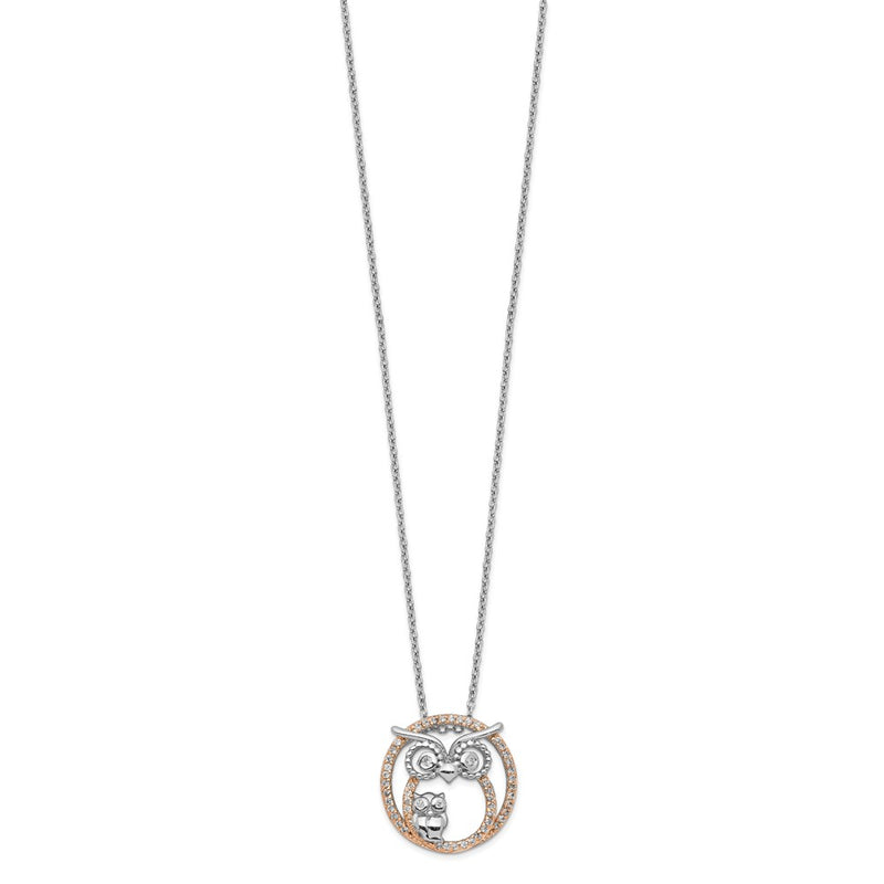 Sterling Silver Cheryl M Rhodium-Plated And Rose Gold-Plated Brilliant-Cut Cz Owls Circle 18.25 Inch Necklace