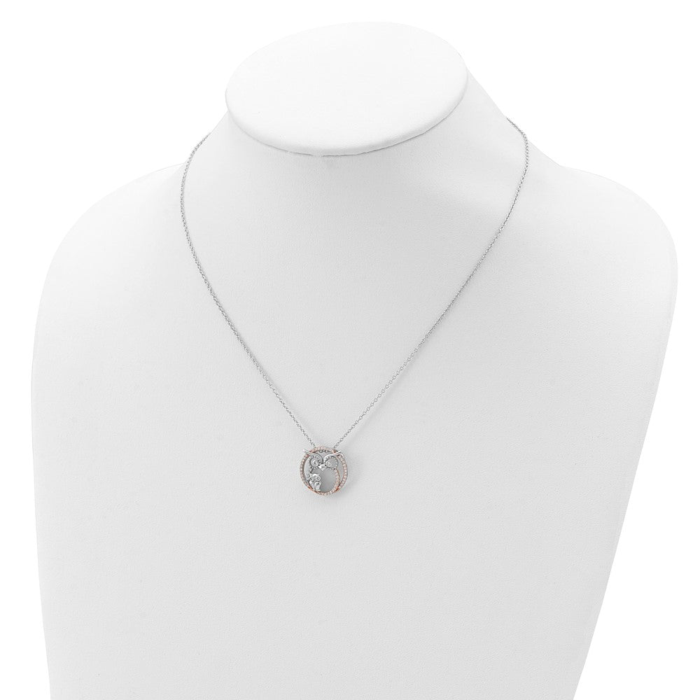 Sterling Silver Cheryl M Rhodium-Plated And Rose Gold-Plated Brilliant-Cut Cz Owls Circle 18.25 Inch Necklace