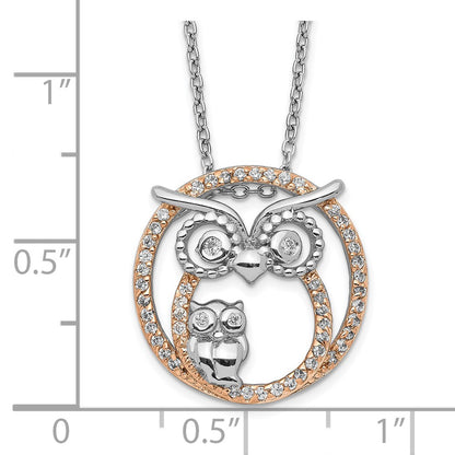 Sterling Silver Cheryl M Rhodium-Plated And Rose Gold-Plated Brilliant-Cut Cz Owls Circle 18.25 Inch Necklace