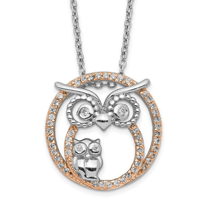 Sterling Silver Cheryl M Rhodium-Plated And Rose Gold-Plated Brilliant-Cut Cz Owls Circle 18.25 Inch Necklace