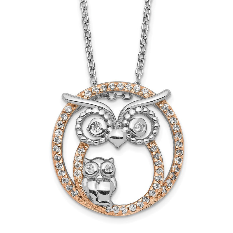 Sterling Silver Cheryl M Rhodium-Plated And Rose Gold-Plated Brilliant-Cut Cz Owls Circle 18.25 Inch Necklace