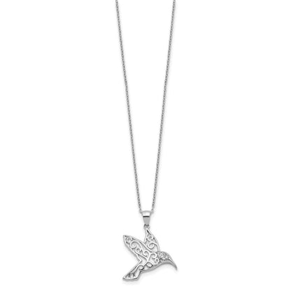 Sterling Silver Cheryl M Rhodium-Plated Filigree Brilliant-Cut Cz Hummingbird 18 Inch Necklace