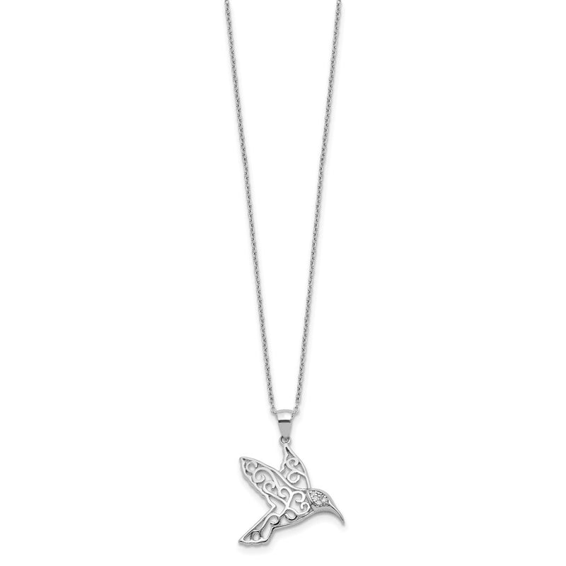 Sterling Silver Cheryl M Rhodium-Plated Filigree Brilliant-Cut Cz Hummingbird 18 Inch Necklace
