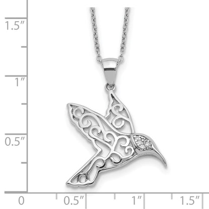 Sterling Silver Cheryl M Rhodium-Plated Filigree Brilliant-Cut Cz Hummingbird 18 Inch Necklace