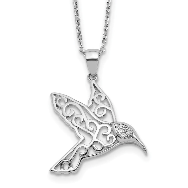 Sterling Silver Cheryl M Rhodium-Plated Filigree Brilliant-Cut Cz Hummingbird 18 Inch Necklace