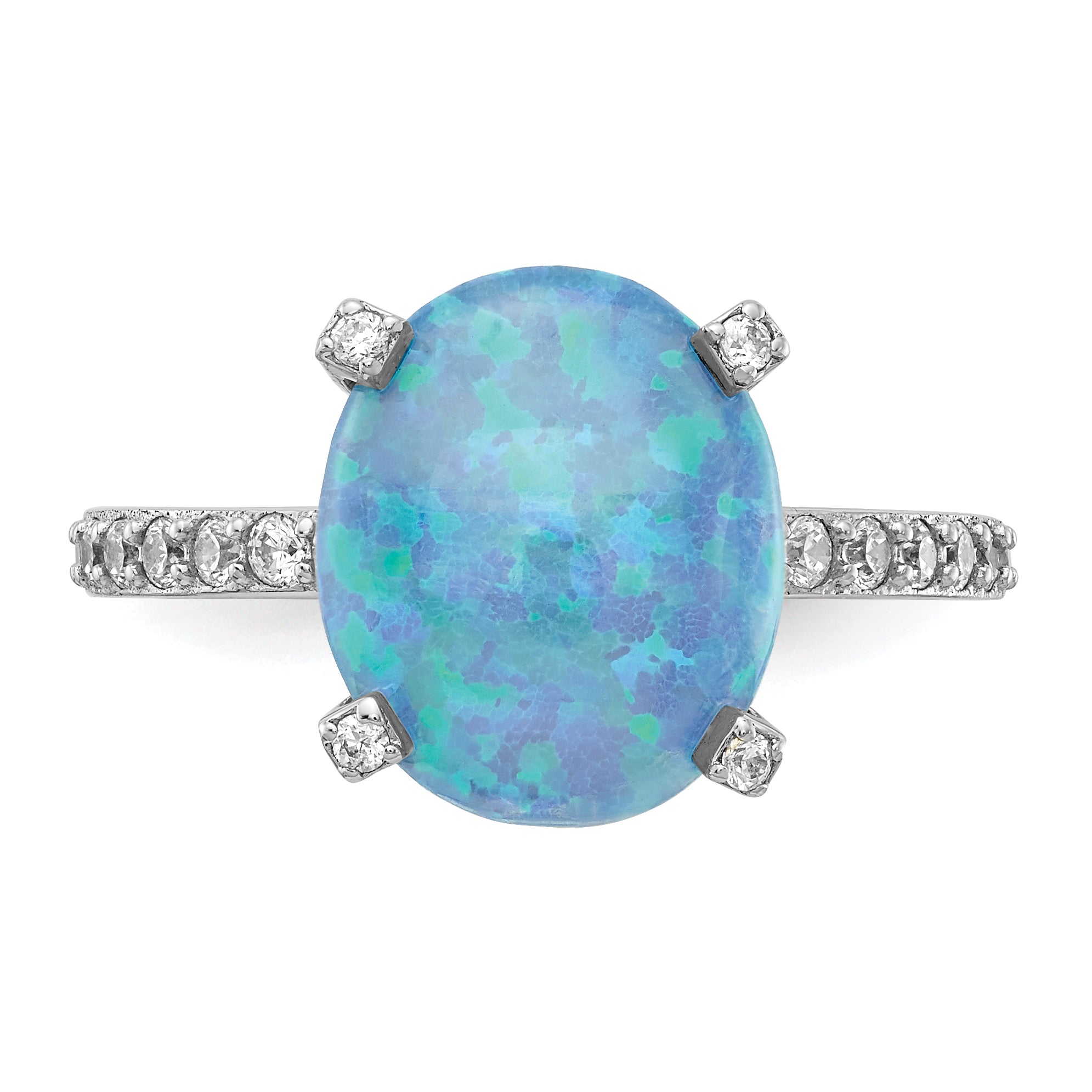Sterling Silver Cheryl M Rhodium-Plated Cabochon Lab Created Blue Opal And Brilliant-Cut Cz Oval With Side Stones Ring