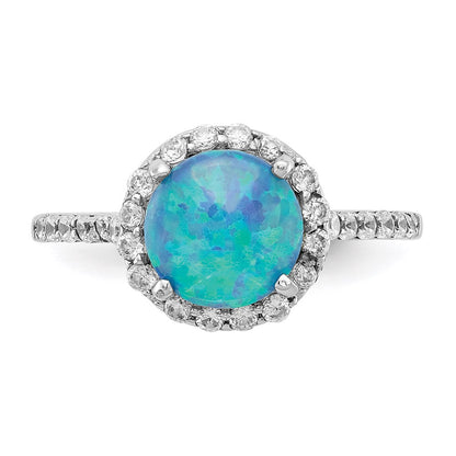 Sterling Silver Cheryl M Rhodium-Plated Cabochon Lab Created Blue Opal And Brilliant Cut Cz Halo With Side Stones Ring