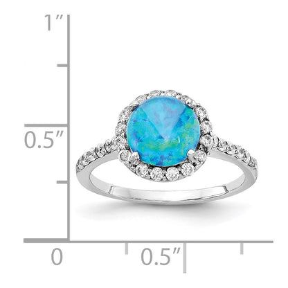 Sterling Silver Cheryl M Rhodium-Plated Cabochon Lab Created Blue Opal And Brilliant Cut Cz Halo With Side Stones Ring
