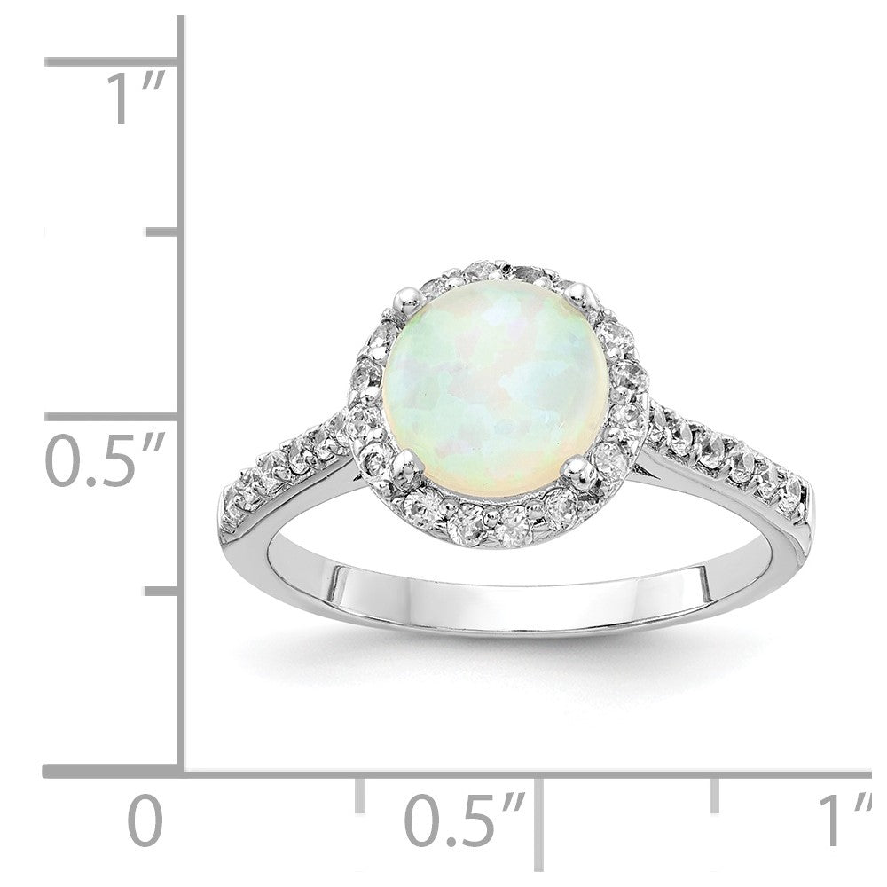 Sterling Silver Cheryl M Rhodium-Plated Cabochon Lab Created Opal And Brilliant-Cut Cz Halo Ring