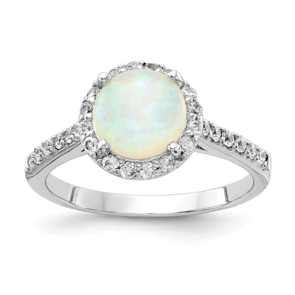 Sterling Silver Cheryl M Rhodium-Plated Cabochon Lab Created Opal And Brilliant-Cut Cz Halo Ring