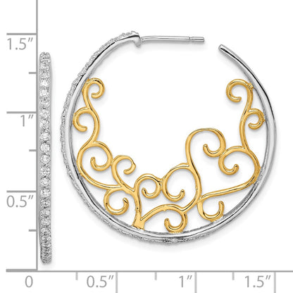 Sterling Silver Cheryl M Rhodium-Plated And Gold-Plated Brilliant-Cut Cz Swirl Round Post Hoop Earrings