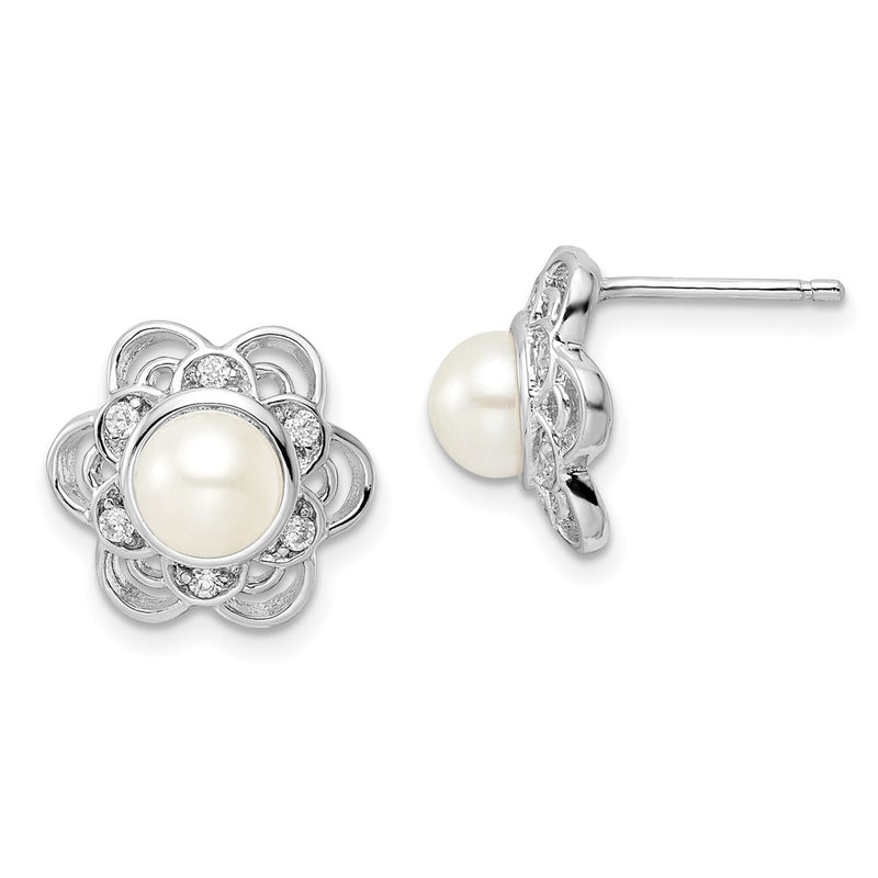 Sterling Silver Cheryl M Rhodium Plated Freshwater Cultured Pearl And Brilliant-Cut Cz Floral Post Earrings