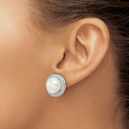 Sterling Silver Cheryl M Rhodium-Plated 12mm Button Freshwater Cultured Pearl And Brilliant-Cut Cz Halo Post Earrings