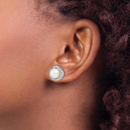 Sterling Silver Cheryl M Rhodium-Plated Freshwater Cultured Pearl And Brilliant-Cut Cz Love Knot Post Earrings