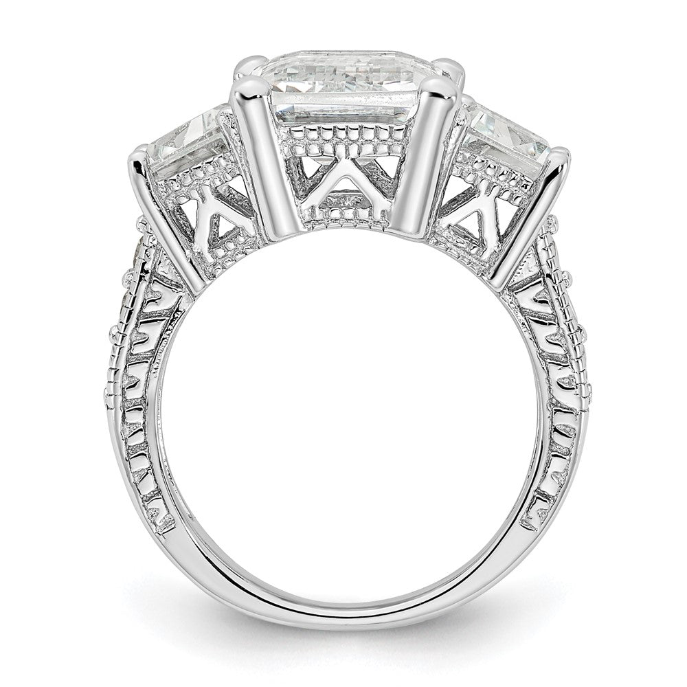 Sterling Silver Cheryl M Rhodium-Plated Fancy Emerald-Cut And Brilliant-Cut Cz 3 Stone Ring