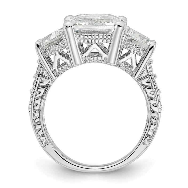 Sterling Silver Cheryl M Rhodium-Plated Fancy Emerald-Cut And Brilliant-Cut Cz 3 Stone Ring
