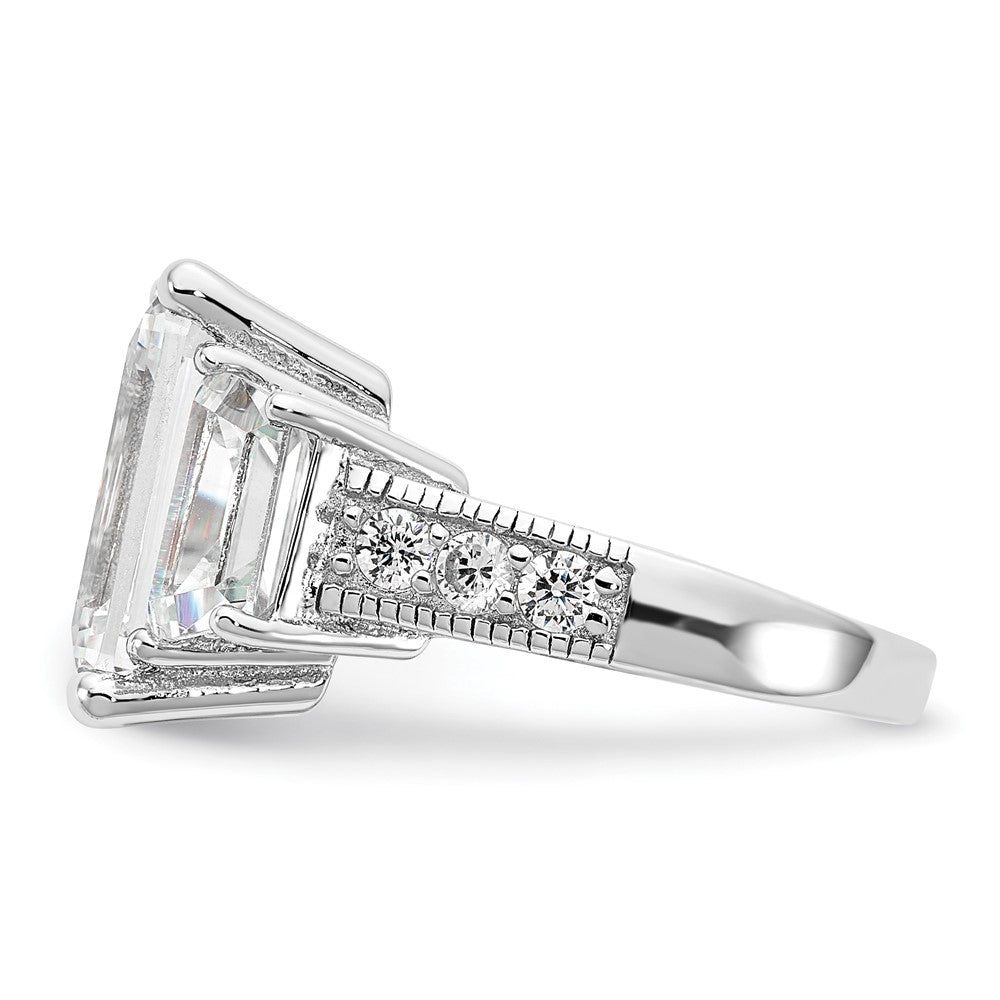 Sterling Silver Cheryl M Rhodium-Plated Fancy Emerald-Cut And Brilliant-Cut Cz 3 Stone Ring