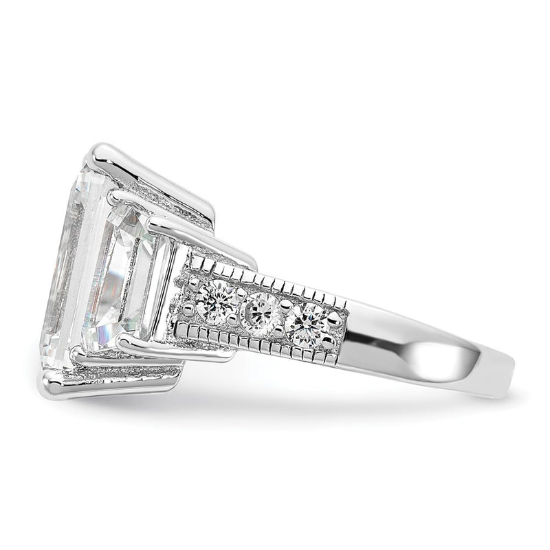 Sterling Silver Cheryl M Rhodium-Plated Fancy Emerald-Cut And Brilliant-Cut Cz 3 Stone Ring