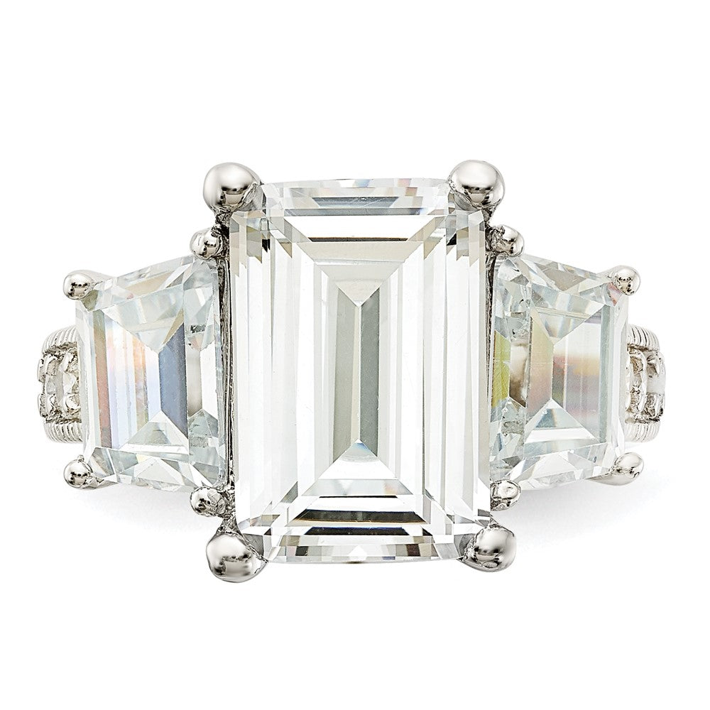 Sterling Silver Cheryl M Rhodium-Plated Fancy Emerald-Cut And Brilliant-Cut Cz 3 Stone Ring