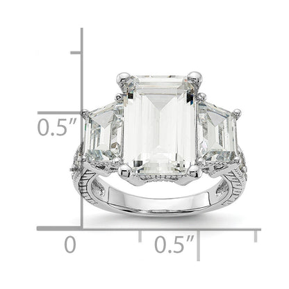 Sterling Silver Cheryl M Rhodium-Plated Fancy Emerald-Cut And Brilliant-Cut Cz 3 Stone Ring