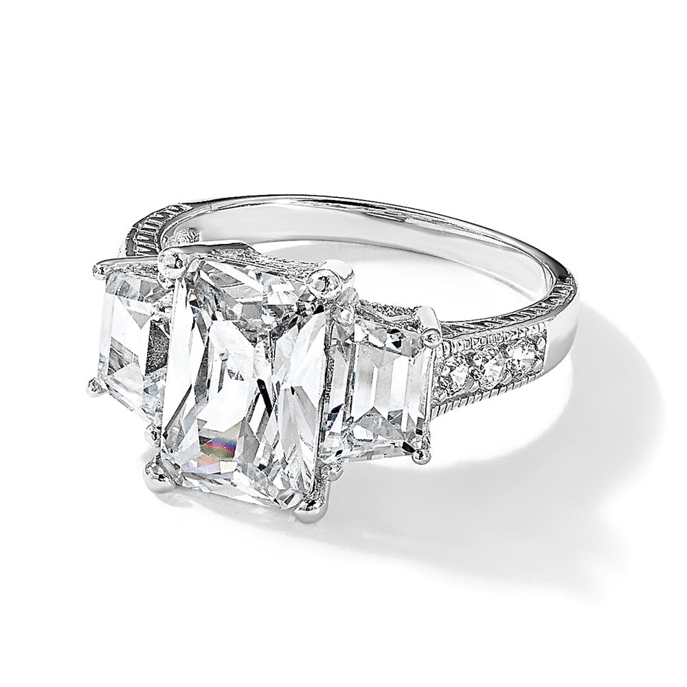 Sterling Silver Cheryl M Rhodium-Plated Fancy Emerald-Cut And Brilliant-Cut Cz 3 Stone Ring