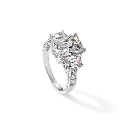 Sterling Silver Cheryl M Rhodium-Plated Fancy Emerald-Cut And Brilliant-Cut Cz 3 Stone Ring