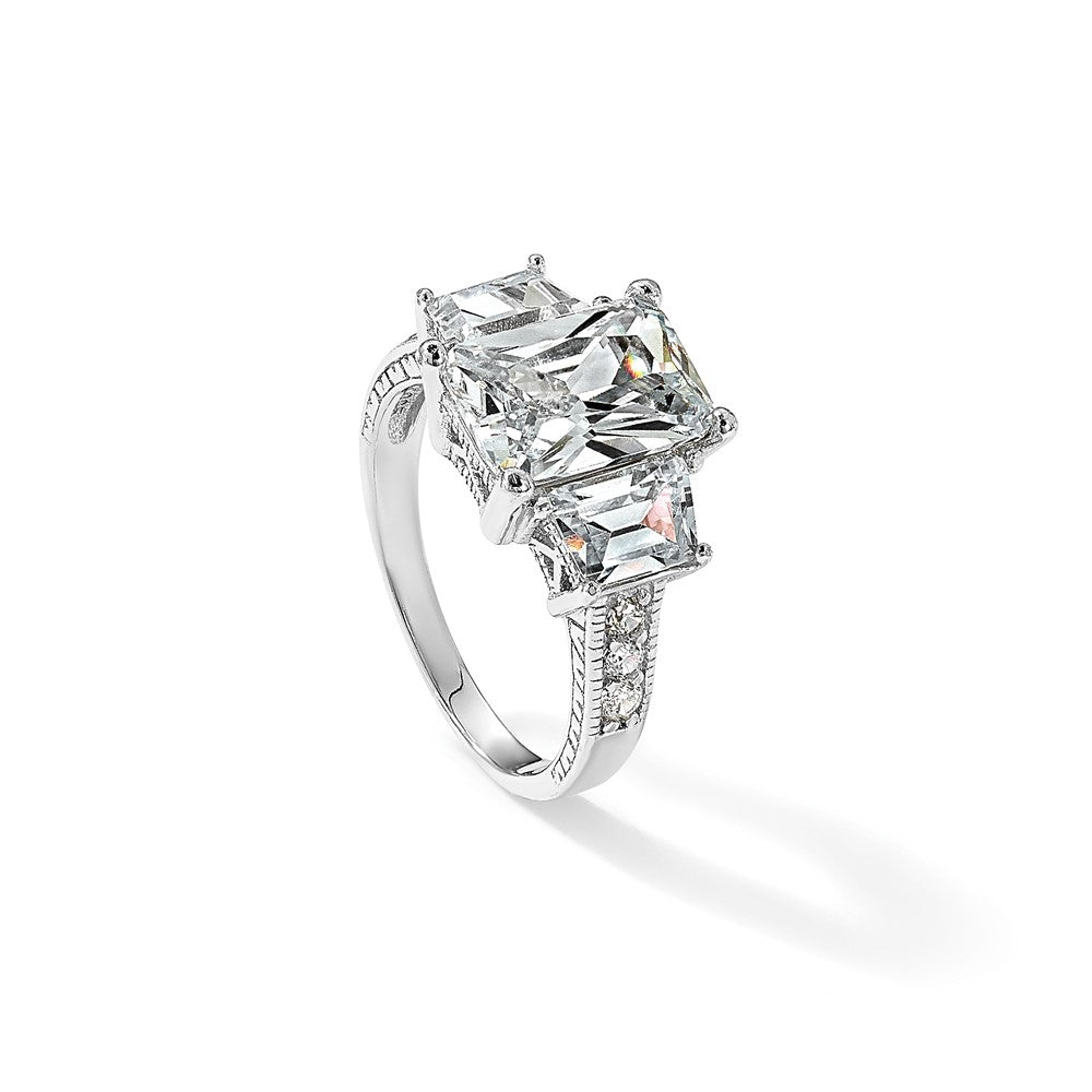Sterling Silver Cheryl M Rhodium-Plated Fancy Emerald-Cut And Brilliant-Cut Cz 3 Stone Ring