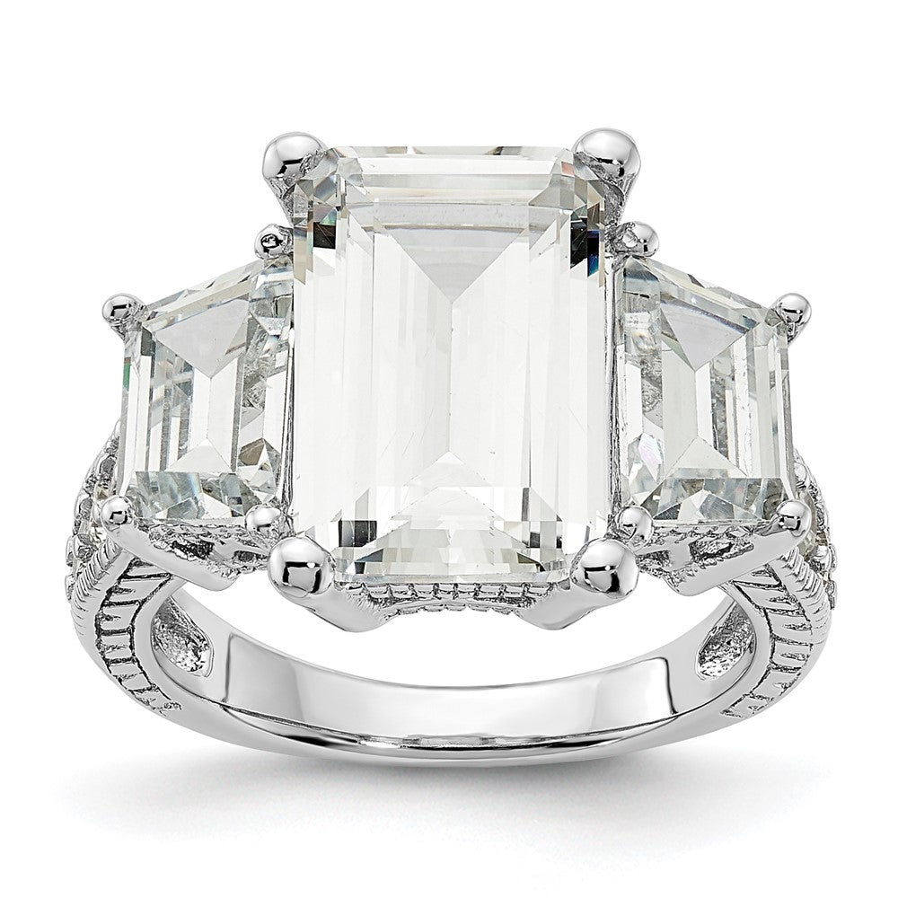 Sterling Silver Cheryl M Rhodium-Plated Fancy Emerald-Cut And Brilliant-Cut Cz 3 Stone Ring