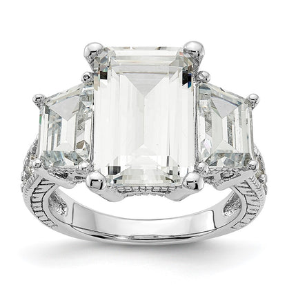 Sterling Silver Cheryl M Rhodium-Plated Fancy Emerald-Cut And Brilliant-Cut Cz 3 Stone Ring