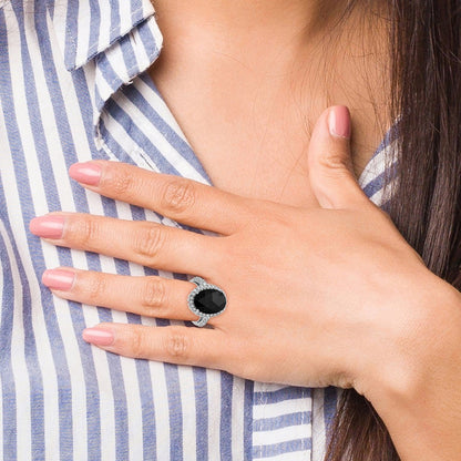 Sterling Silver Cheryl M Rhodium-Plated Checker-Cut Black Cz And Brilliant-Cut White Oval Halo Ring