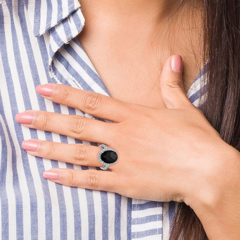 Sterling Silver Cheryl M Rhodium-Plated Checker-Cut Black Cz And Brilliant-Cut White Oval Halo Ring